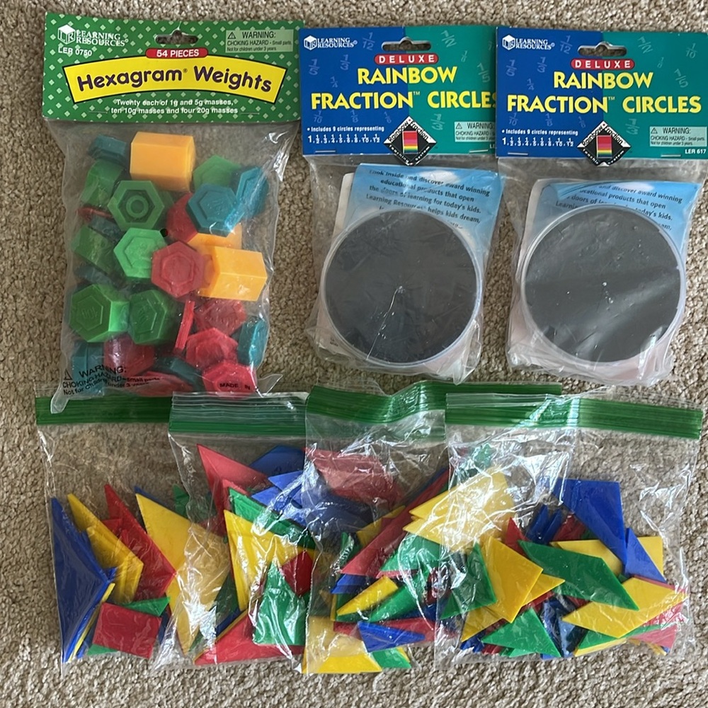Lot of Math Items Learning Resources Hexagram Weights Fraction Circles Tangrams
